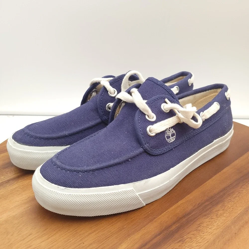 Timberland Boat Shoes Mens 7.5 Blue Canvas Deck Shoes‎